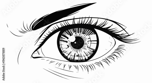 A black and white illustration of a human eye with detailed iris and long lashes
