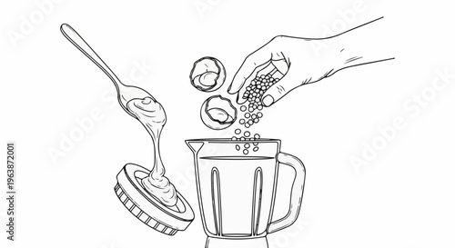 A hand adds ingredients to a blender with a spoon of puree nearby