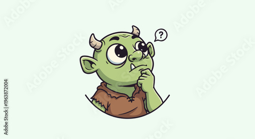 Cartoon green troll with horns and a question mark thinks deeply