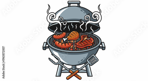 Cartoon grill with sausages, chicken, and steak cooking on coals