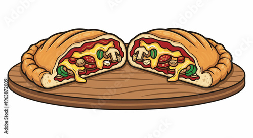 A halved calzone with pepperoni, mushrooms, and melted cheese sits on a wooden board