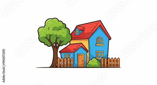 Cartoon home with tree, fence, and shrubbery