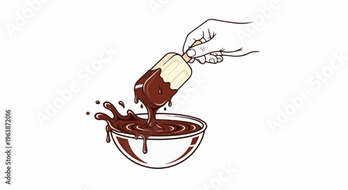 A hand dips a creamy frozen dessert into a bowl of rich, dark chocolate