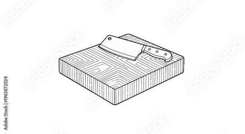 A black and white line drawing of a cleaver on a wooden cutting board