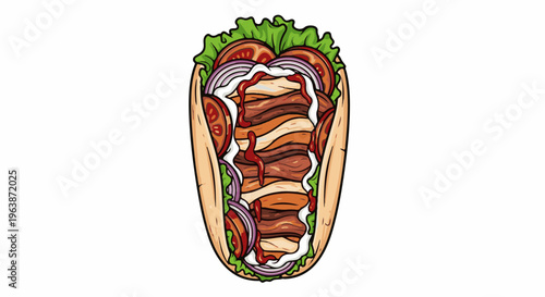Cartoon illustration of a delicious, loaded gyro wrap with meat, vegetables, and sauce