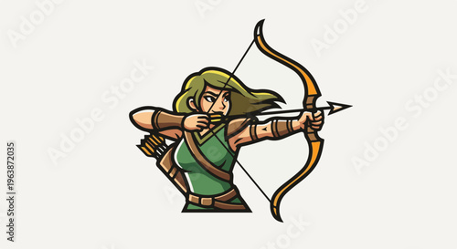 Cartoon illustration of a female archer drawing a bow with an arrow