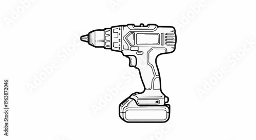 A black and white line drawing of a cordless power drill with a battery pack