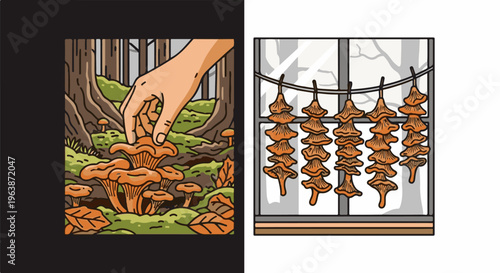 A hand gathers chanterelles in a forest, drying chanterelles by a window