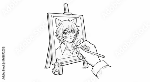 A hand draws a portrait of a cat-person on an easel with a pencil