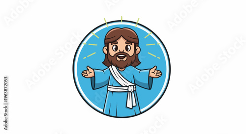 Cartoon illustration of a smiling figure with brown hair, beard, blue robe, welcoming arms