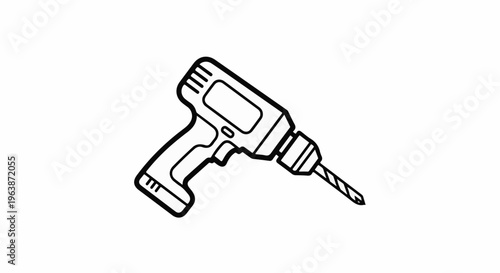 A black and white line drawing of a cordless power drill with a bit