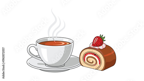 Steaming cup of tea on a saucer next to a delicious chocolate roll cake slice topped with cream and a fresh strawberry.