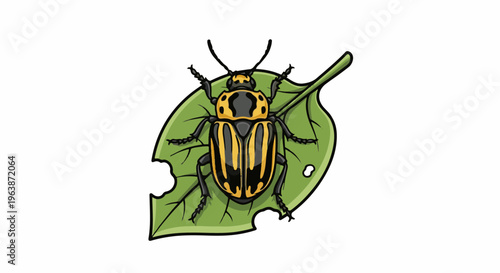 Cartoon illustration of a yellow and black striped beetle on a partially eaten green leaf
