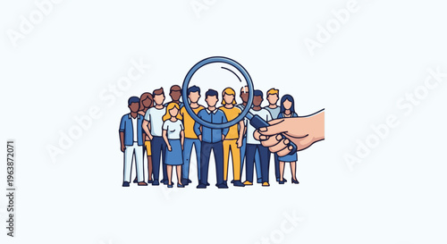 A hand holds a magnifying glass over a group of diverse people standing