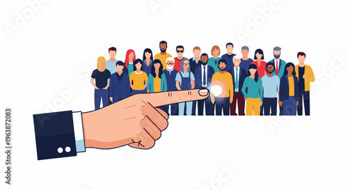 A hand points at a glowing light bulb in front of a diverse crowd