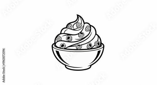 A black and white line art drawing of a bowl filled with soft serve ice cream and raspberries