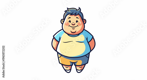 A happy, plump cartoon boy with blue hair and rosy cheeks