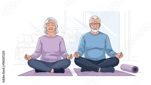 Peaceful elderly man and woman sitting in lotus pose and meditating together in a bright living room on yoga mats.