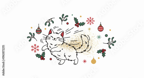A happy white cat with red ears and a sparkly tail shakes in a festive, snow-flecked scene