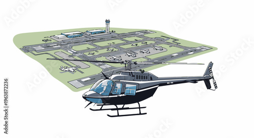 A helicopter is parked in front of an airport with planes and a control tower