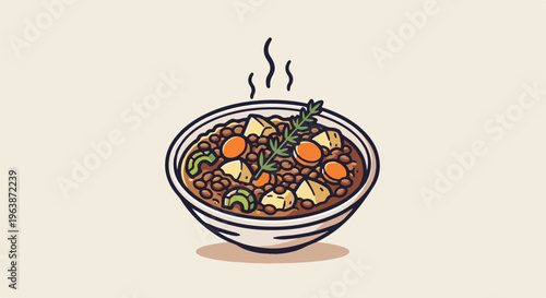 A hearty bowl of lentil stew with vegetables and herbs