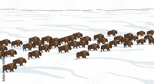 A herd of bison traverses a snow-covered landscape
