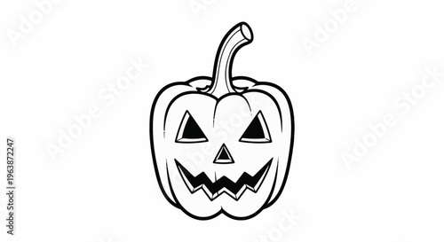A black and white outline drawing of a spooky carved pumpkin face