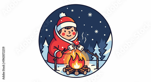 A child in a red snowsuit roasts marshmallows over a campfire in the snow