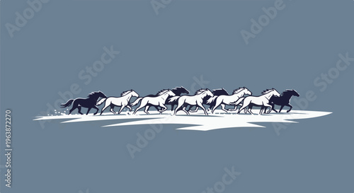 A herd of horses gallops across a stark white plain against a muted blue background