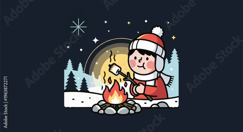 A child roasts marshmallow by a campfire under the night sky