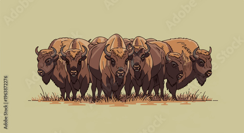 A herd of pixelated bison stands stoically against a plain, light-colored background