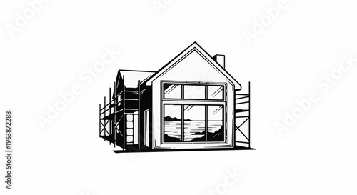 A house with a large window overlooks a body of water