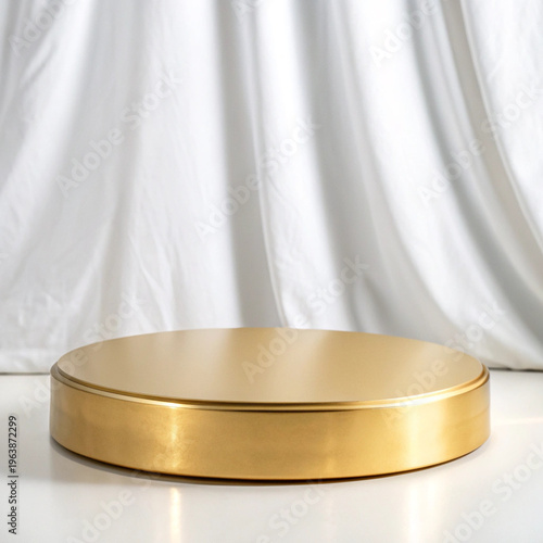 Luxury Gold Round Product Podium with White Silk Backdrop