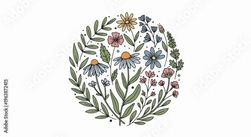 A circular arrangement of delicate hand-drawn wildflowers and leaves in soft pastels