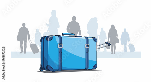 A large blue suitcase on wheels stands prominently with blurred people in the background