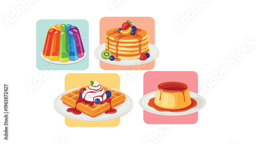 Assortment of colorful desserts featuring a rainbow jelly, stacked pancakes, a waffle with cream, and a caramel custard pudding.