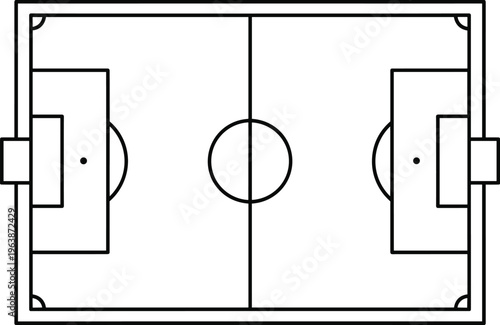 A simple black and white illustration of an overhead view of a soccer field high quality