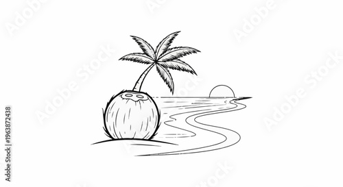 A simple sketch of a coconut with a palm tree on a sandy shore beside the ocean at sunset