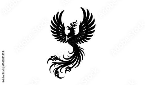 Phoenix Bird Silhouette Vector Wings Spread Mythical Fire Creature Black Logo Illustration
