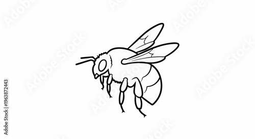 A simple, stylized black and white line drawing of a bee in flight