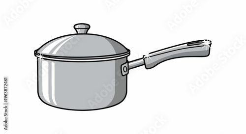 A simple, stylized illustration of a silver saucepan with a lid and handle