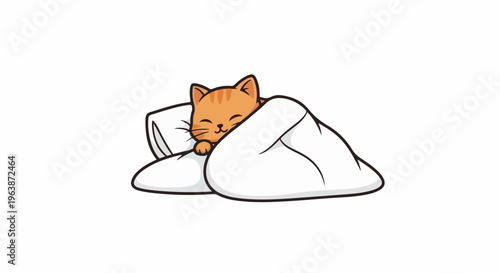 A cute orange tabby kitten peacefully sleeps tucked under a white blanket on a pillow