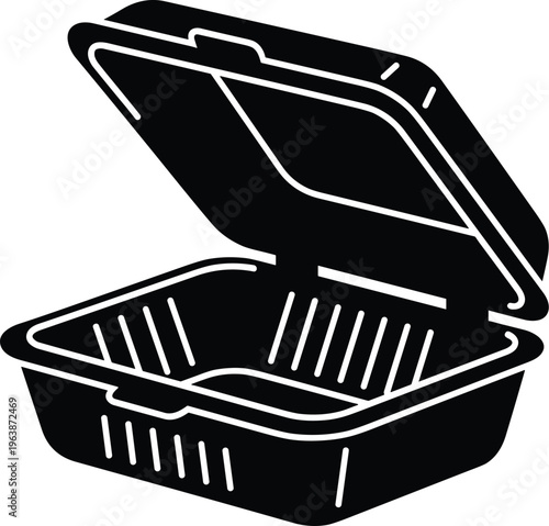 An open black and white takeout container illustration showcasing its hinged lid and rectangular shape