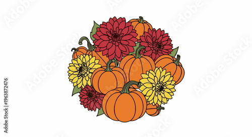 A circular arrangement of pumpkins and autumn flowers