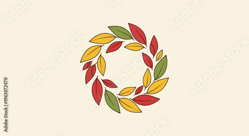 A circular arrangement of stylized autumn leaves in red, yellow, and green