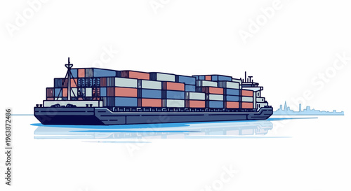 A large cargo ship laden with many colorful containers sails on the water