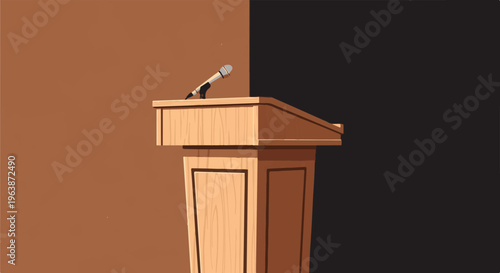 A simple wooden podium with a microphone stands ready for a speaker