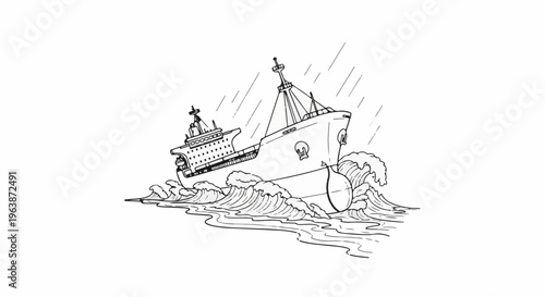 A large cargo ship struggles against rough seas and heavy rain