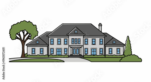 A large, two-story suburban house with a wide driveway and trees