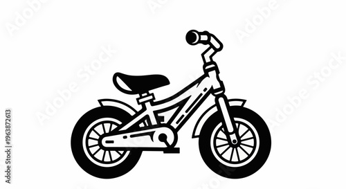 A stylized black and white illustration of a child's bicycle